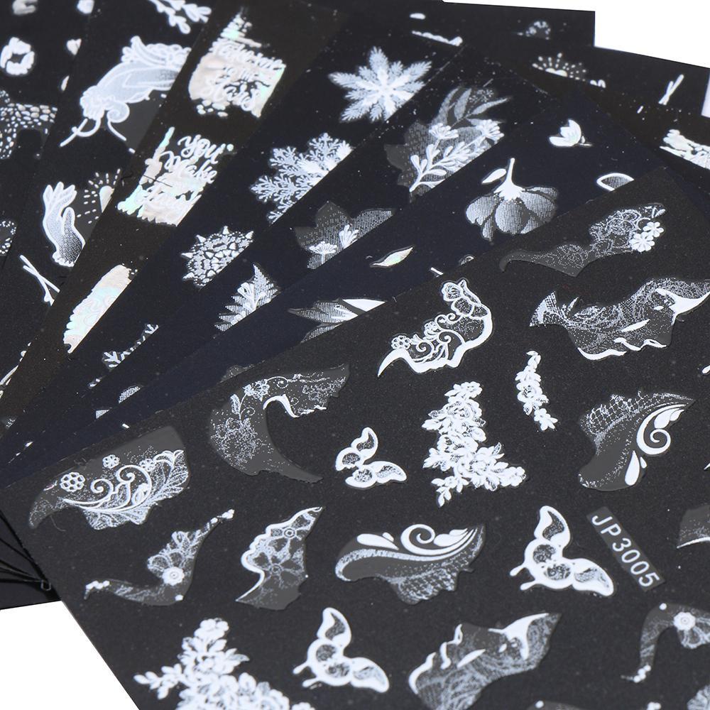Miếng Dán Trang Trí Móng Tay Họa Tiết Hoa Tuyết 3D Màu Trắng Đen