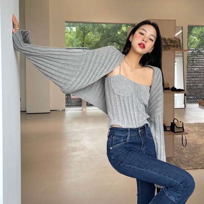 Áo len hai dây nữ, áo khoác cardigan len nữ full set có video ảnh thật