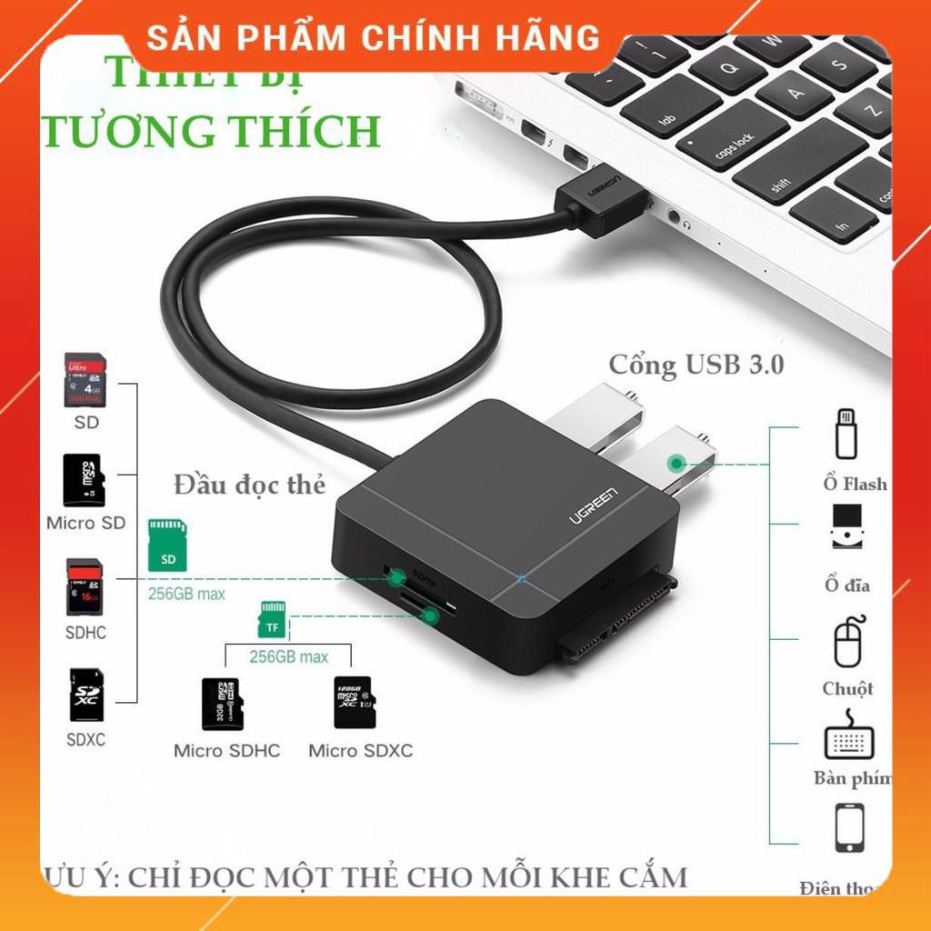 (Có sẵn) Dây cáp USB 3.0 sang SATA III + Hub 2 cổng USB 2.0 + Đầu đọc thẻ kèm nguồn 12V UGREEN US231 30918 _Siêu rẻ