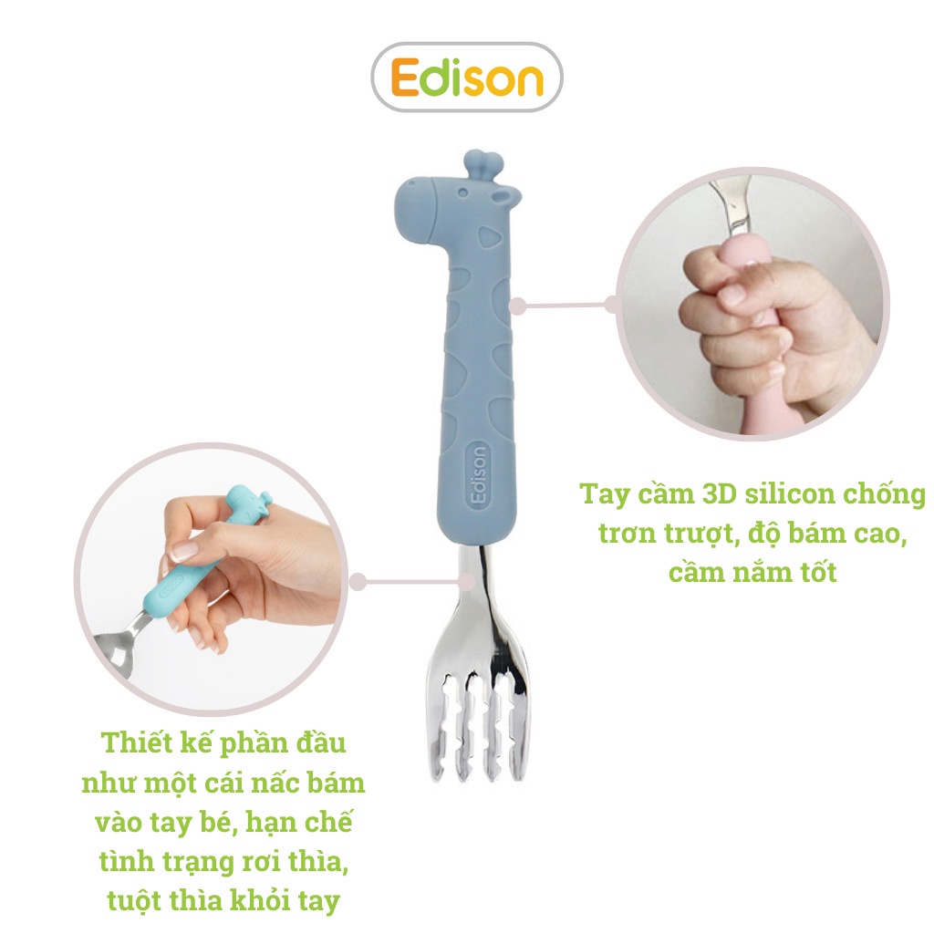 Made in Korea Bộ thìa dĩa cho bé tập ăn chất liệu inox bọc Silicon Edison Hàn Quốc dành cho bé từ 18 tháng tuổi 5325