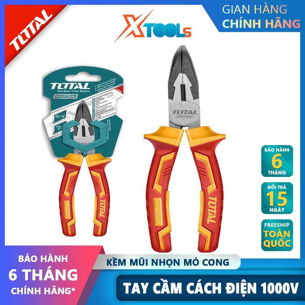 Kìm mũi nhọn mỏ cong cách điện TOTAL THTIP2481 | Kềm cách điện Kích thước 8&quot;/ 200mm, Đầu kềm được mạ đen và đánh bóng, T
