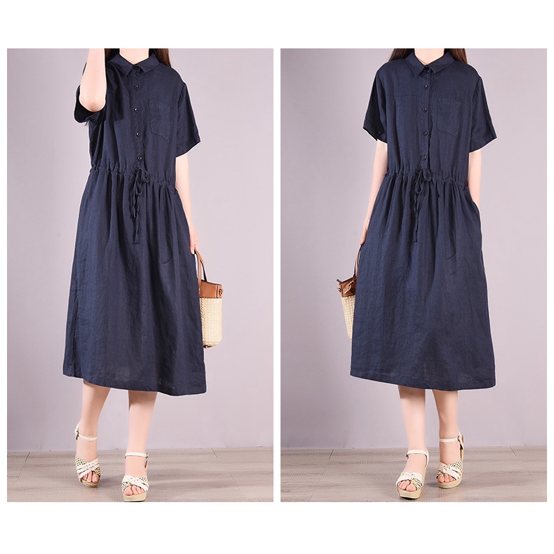 Đầm Nữ Form Suông Linen Cổ Sơ Mi Tay Ngắn Kèm Dây Thắt Eo Thoáng Mát