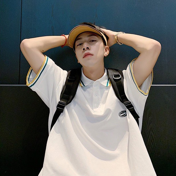 Áo thun polo ngắn tay dáng rộng kẻ sọc thời trang Hàn Quốc cho nam