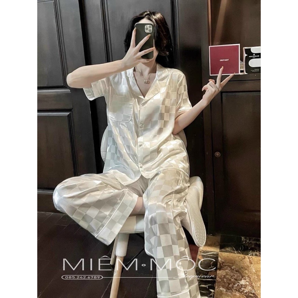 Đồ ngủ, Pijama Nữ Tay Ngắn Lụa Gấm Ô 2 Màu Cực Sang - Đồ Bộ Freesize