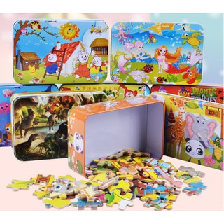 Đồ Chơi Tranh Ghép 100 Miếng gỗ Hộp Sắt Cho Bé xếp hình tư duy lắp ghép puzzle hộp thiếc 100 pcs