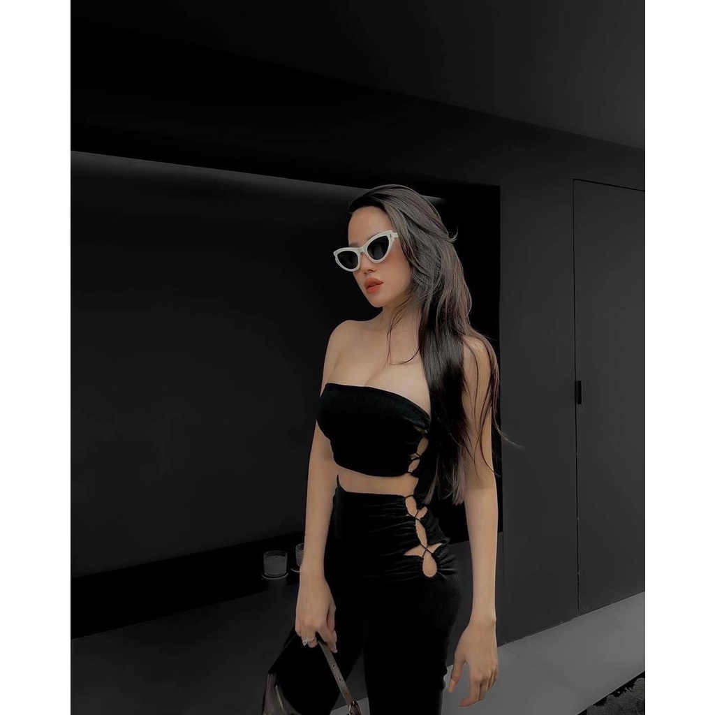 SÉT ÁO ĐEN VÀ QUẦN ỐNG LOE ĐEN ĐAN DÂY SANG CHẢNH