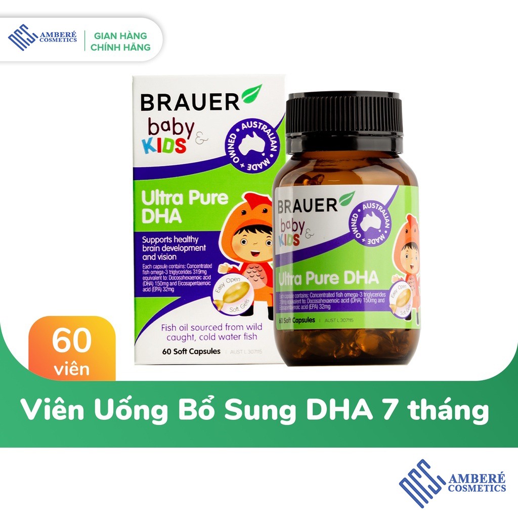 Viên uống dha cho bé Brauer Ultra Pure DHA tinh khiết cho trẻ từ 7 tháng trở lên hộp 60 viên