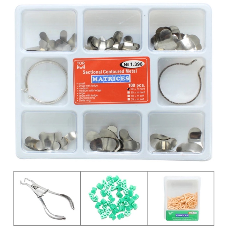 Bộ sản phẩm đầy đủ Ma trận nha khoa Ma trận đường viền cắt + 40 chiếc Nêm bổ sung + Kìm nha khoa + Nêm