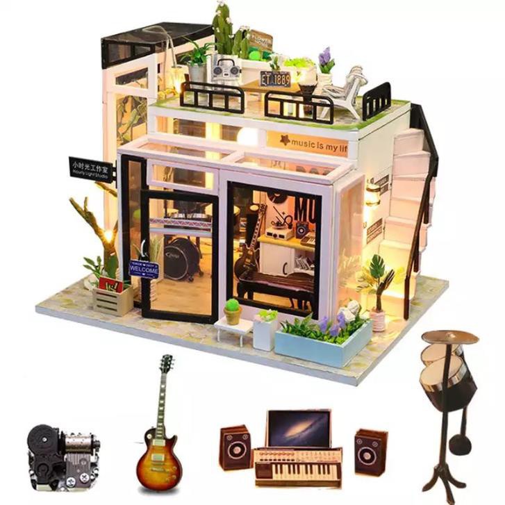 (SẴN HÀNG) Mô Hình Lắp Ráp Nhà Gỗ Búp Bê Thu NHỏ DIY : Hourly Light Studio - M903 Tặng Keo + Bộ Dụng Cụ