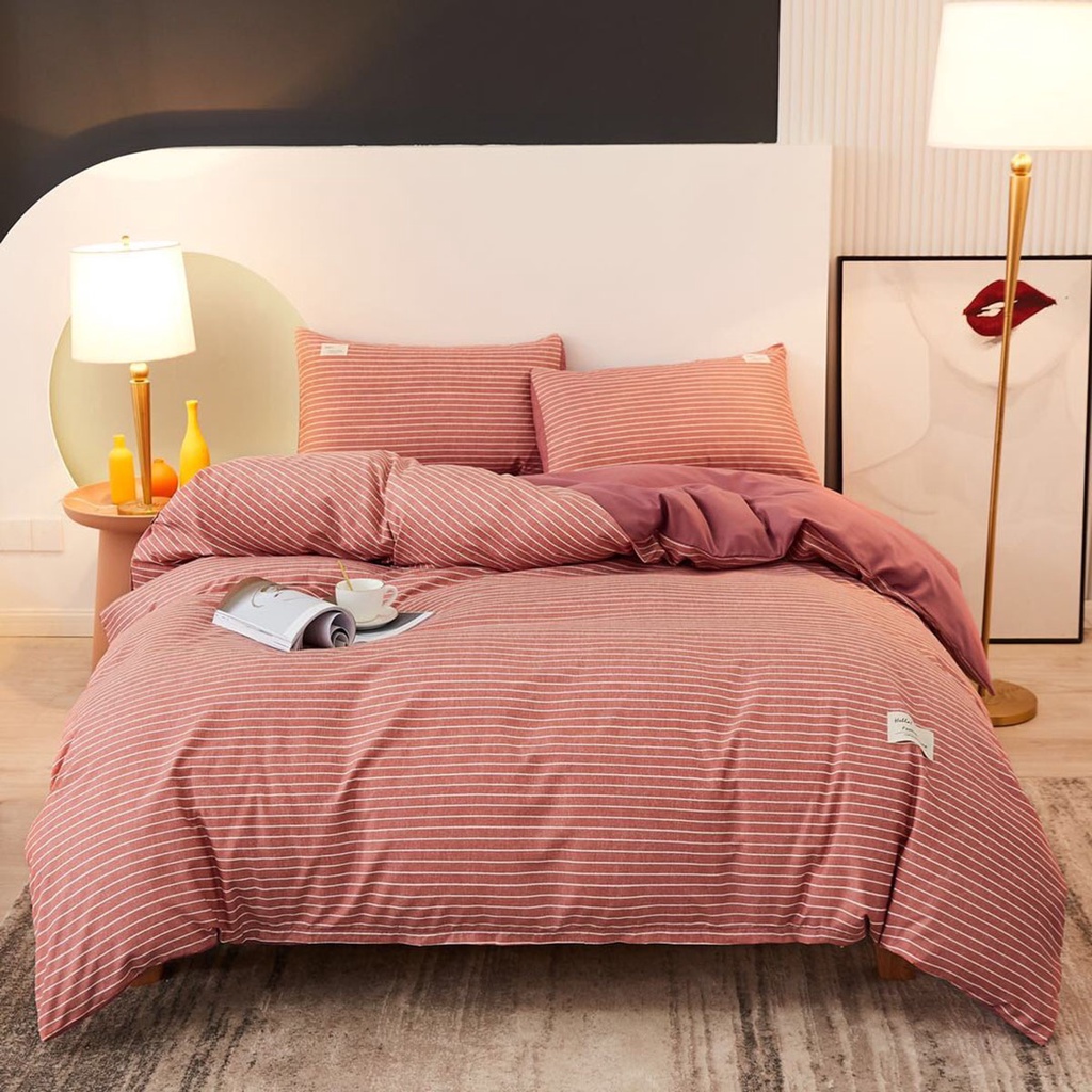Bộ Chăn Ga Gối Cotton TC Emmidecor Kẻ ngang hồng cam miễn phí bo chun và làm ga phủ theo yêu cầu