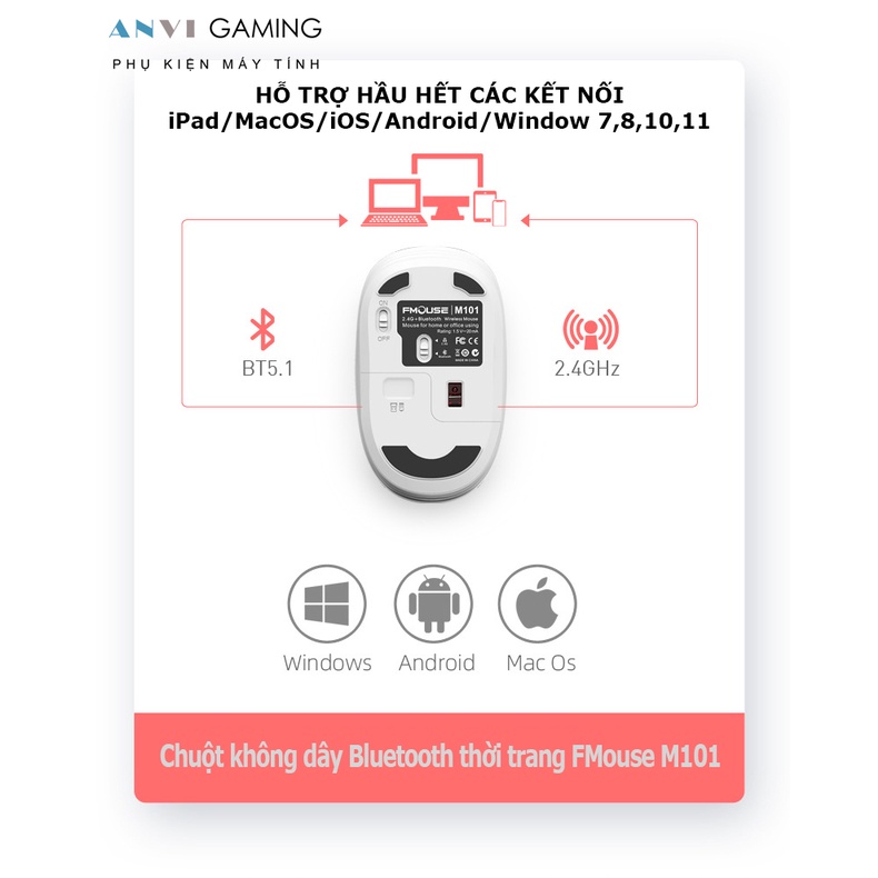 Chuột không dây Bluetooth FMouse M101 chống ồn thiết kế thời trang cho máy tính - Hàng Chính Hãng
