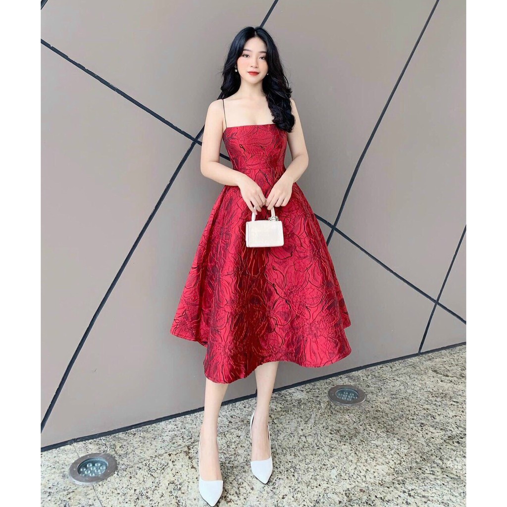 _Đầm Midi 2s Gấm Tafta Hoa Hồng Sang chảnh Trắng/Đỏ PHS1374