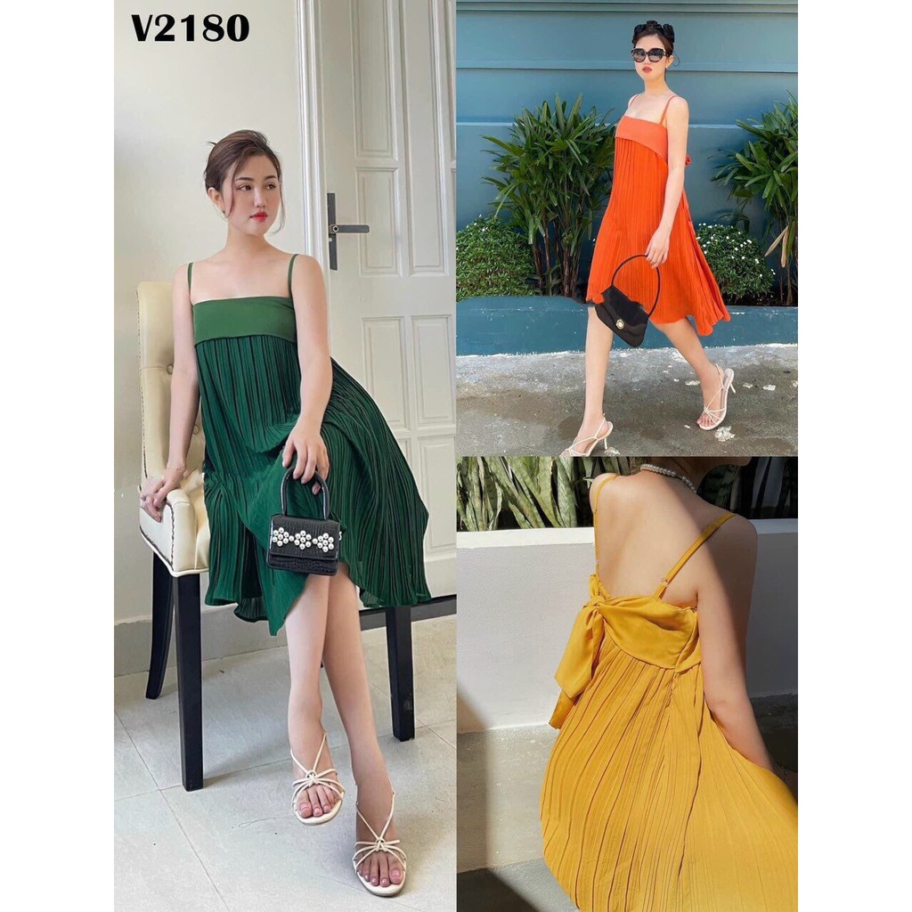 Đầm voan hai dây xếp ly thắt nơ sau (đi biển, bầu bí bon chen cực xinh) + Ảnh thật