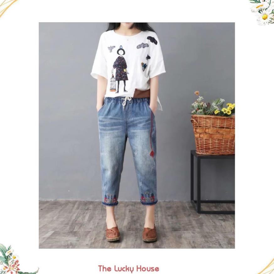 Quần bò thêu hoa dáng baggy thụng hàng cao cấp xuất khẩu QB04 bao đẹp