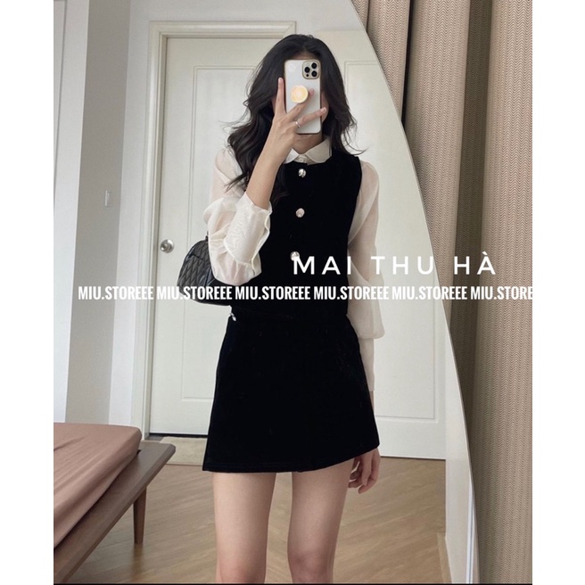 [ẢNH THẬT] SET NHUNG 3 MÓN ÁO SƠ MI VOAN BE+ ÁO GILE PHỐI CÚC + QUẦN SHORT NHUNG | BigBuy360 - bigbuy360.vn