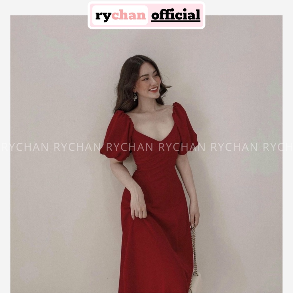 Đầm Đỏ Dự Tiệc Nữ Dáng Dài Cổ Tim Tay Phồng Bo Eo Cực Tôn Da [ẢNH THẬT CUỐI] - DX9742