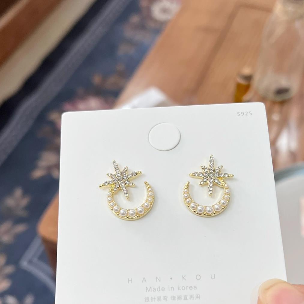 Bông tai bạc S925 Hoa tai kiểu dáng mặt trăng và ngôi sao không gây dị ứng da thời trang Hàn Quốc, June accessories
