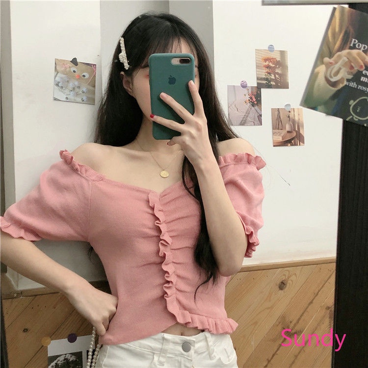 Áo Dệt Kim Cổ Chữ V Xếp Ly Màu Sắc Đơn Giản Phong Cách Hàn Quốc Cho Nữ