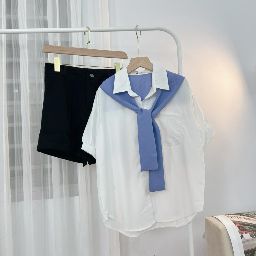 Áo Sơ Mi Nữ Màu Kèm Khăn Choàng Hàn Quốc Xinh Xắn Ngắn Tay, Sơ Mi Cột Nơ Tay Ngắn Phồng Freesize SUBICI
