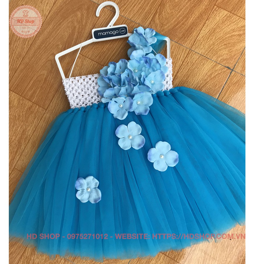 Váy công chúa ❤️FREESHIP❤️ Váy xanh biến tú cầu lệch quai cho bé 4-32kg
