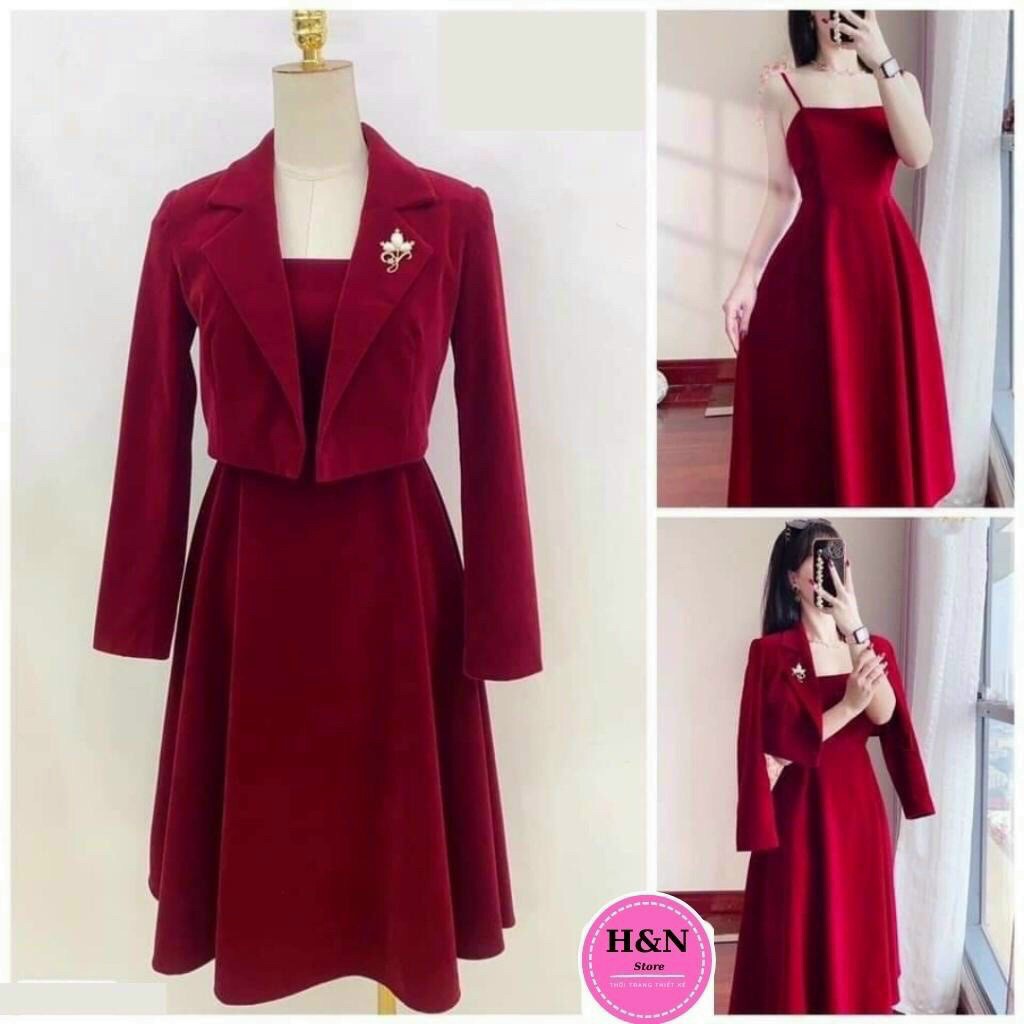 Set đầm xòe hai dây dài qua gối và áo khoác xinh xắn RSFS
