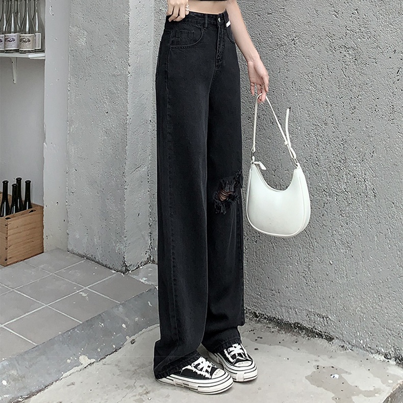 Quần Jeans Nữ Lưng Cao Ống Rộng Rách Gối Thời Trang