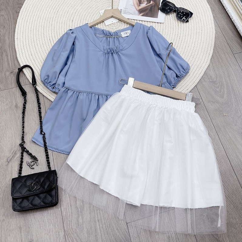 Set bộ áo babydoll xanh mix chân váy trắng phối lưới AH09