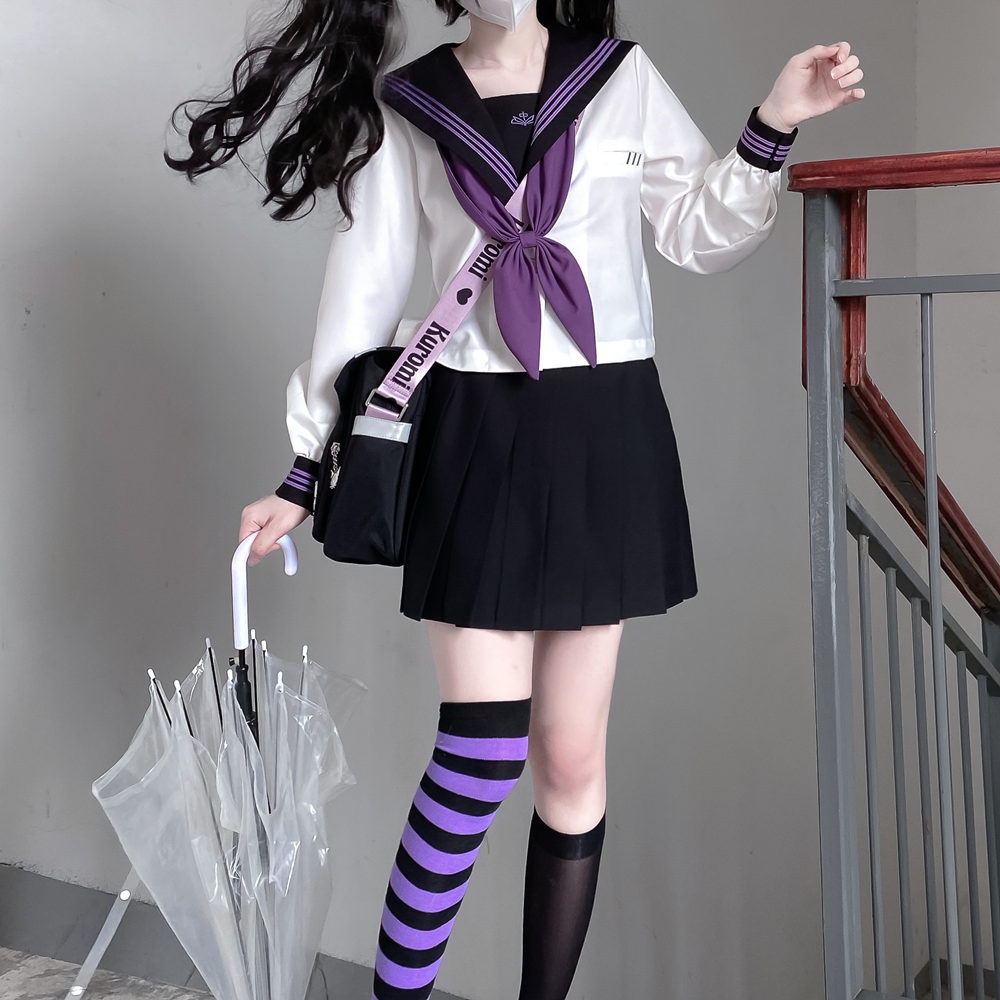 Seifuku/ Set váy đồng phục học sinh Nhật Bản màu tím: áo cổ thủy thủ + nơ đuôi cá + chân váy xòe