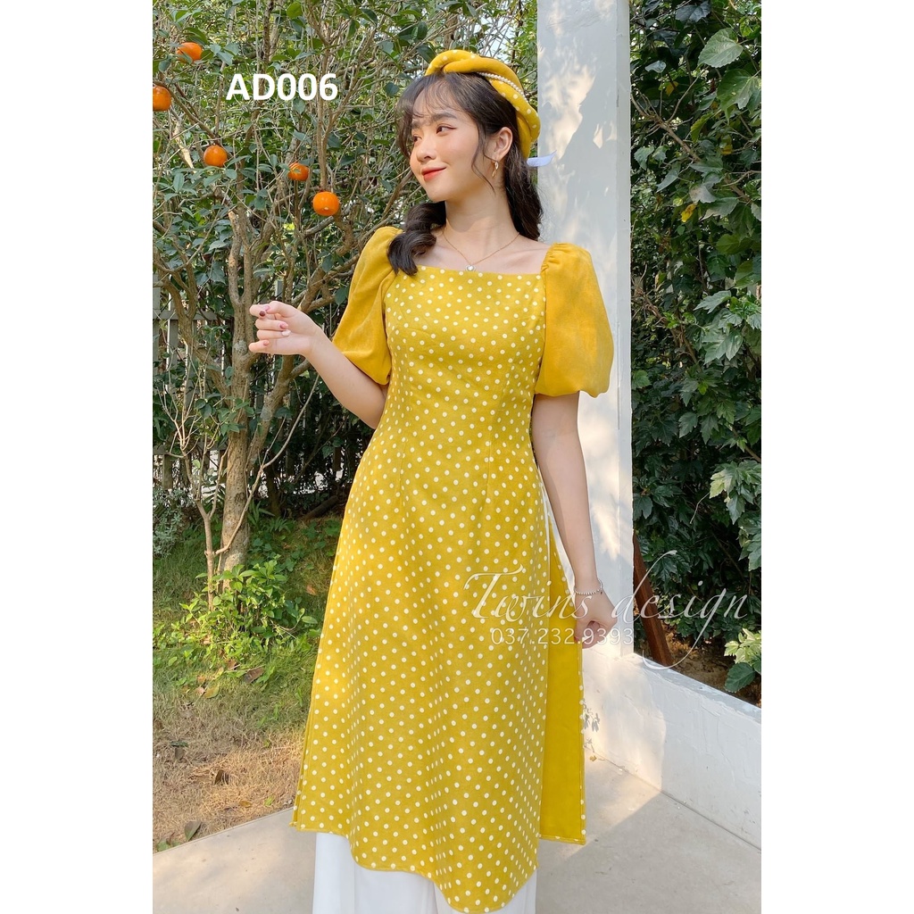 Áo dài nữ KÈM QUẦN, áo dài cách tân TWINS STORE chất nhung, họa tiết chấm bi, tay bồng nhẹ - AD006