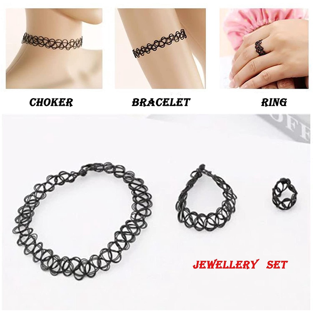 Vòng cổ choker ren màu đen phối nhẫn có thể điều chỉnh kích thước phong cách gothic cho nữ