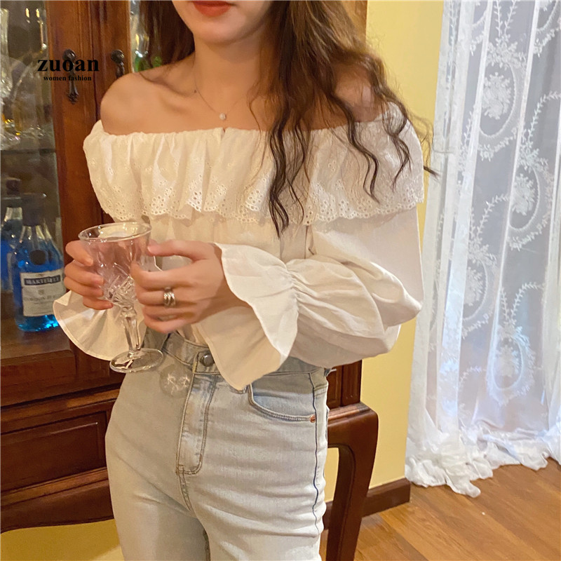 SUXI Áo Kiểu Nữ Tay Dài Phối Bèo Phong Cách Hàn Quốc