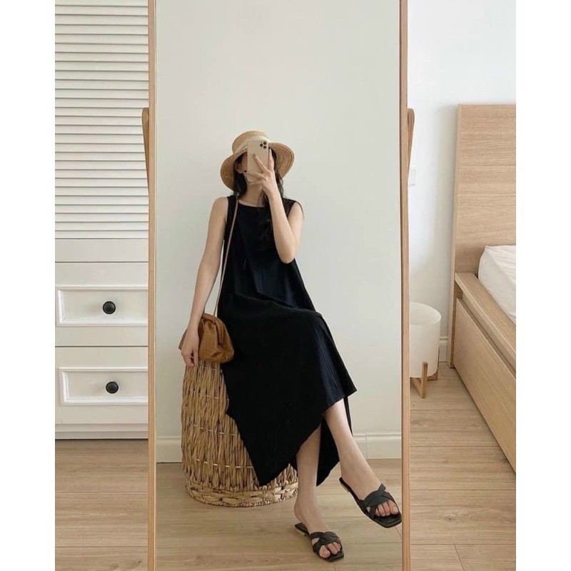 ĐẦM BẦU-Váy đũi lụa trơn sát nách dáng xoè dài 1m05 không may túi