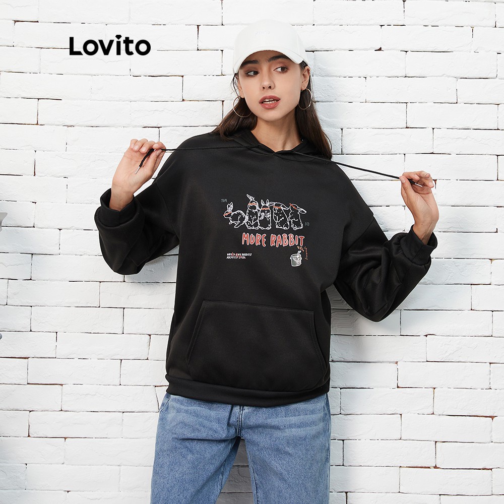 Áo sweatshirt Lovito phối dây rút in chữ đơn giản L07185 (màu đen) | BigBuy360 - bigbuy360.vn