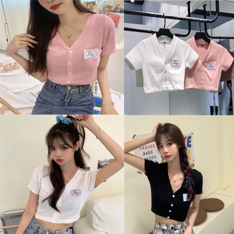 Áo Croptop Unisex Cổ Tim Có Cúc Cài Cực Xinh 387