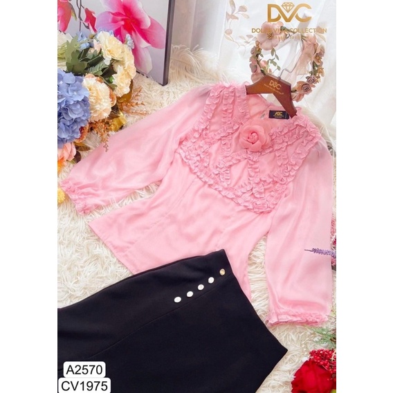 A2570, Cv1975 Set áo sơ mi hồng voan tơ tay dài, chân váy body ôm đuôi cá -  Dolce viva colection