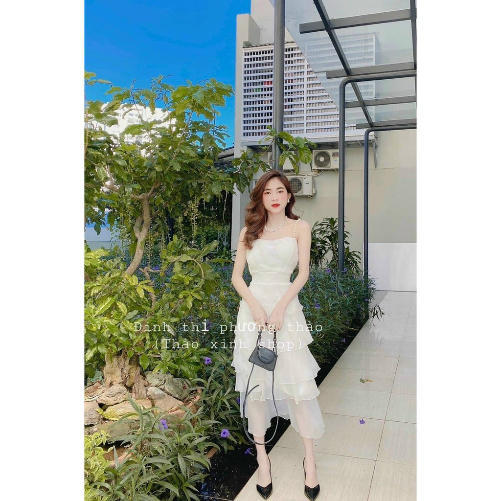 Đầm nữ dự tiệc dạng tầng 2 dây đính ngọc kèm mút ngực chất voan 2 lớp freesize trắng và nude | BigBuy360 - bigbuy360.vn