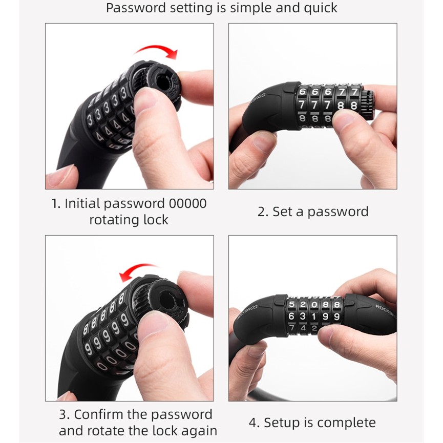 ROCKBROS Cycling Lock Steel Five-Digit Code Anti-Theft 1.72cm Bold Cable Password PVC Wrapped