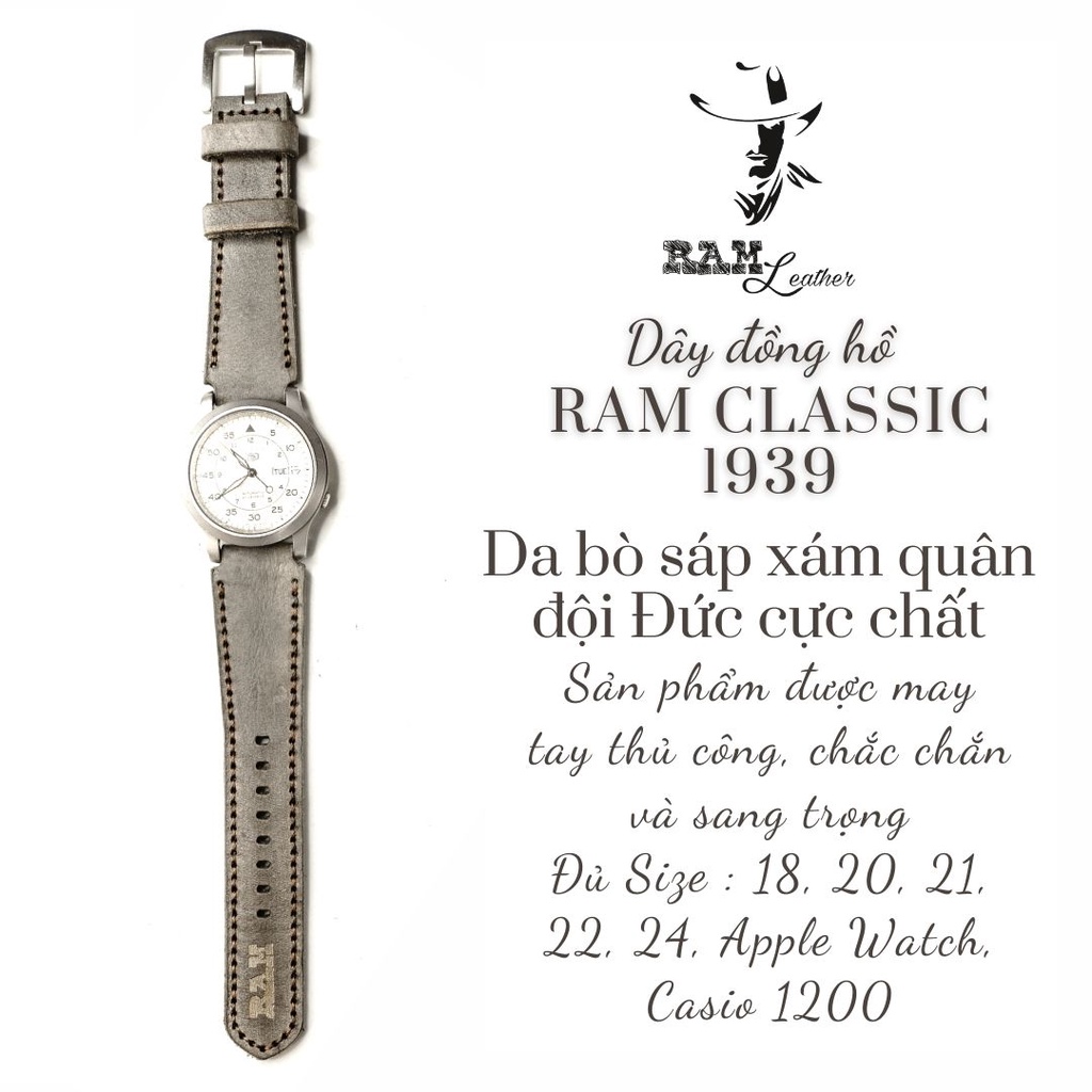 Dây đồng hồ RAM Leather 1939 cho CASIO 1200, AE 1200, 1300, 1100, A159 , A168 , Size 18 da bò xám quân đội