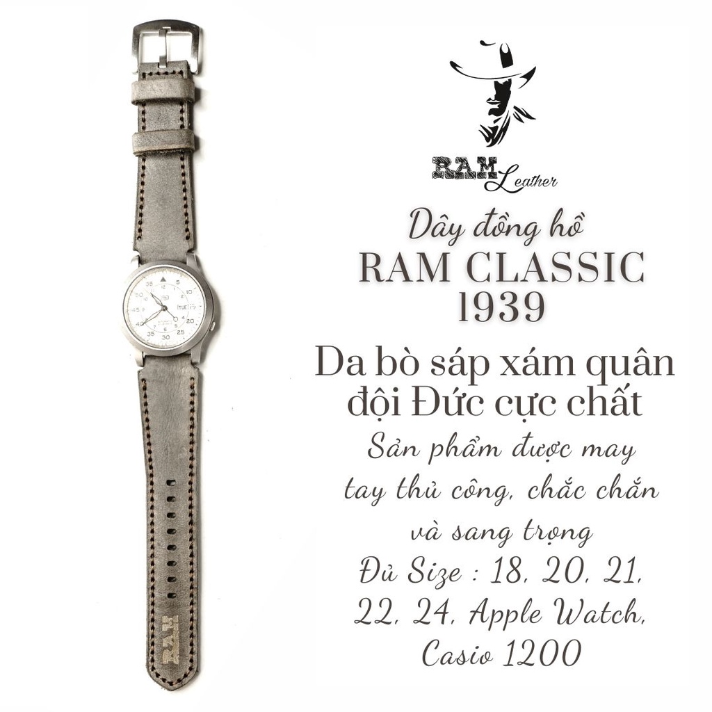 Dây đồng hồ da bò xám sang trọng RAM Leather 1939 handmade bền chắc cực đẹp - tặng khóa chốt và cây thay dây