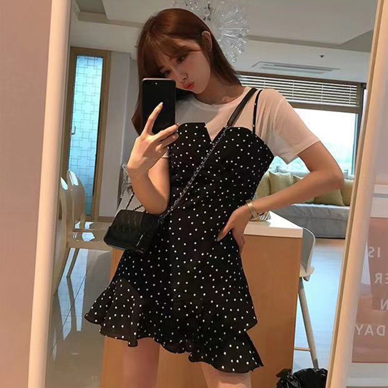 Set áo thun ngắn tay + đầm hai dây chấm bi thời trang nữ