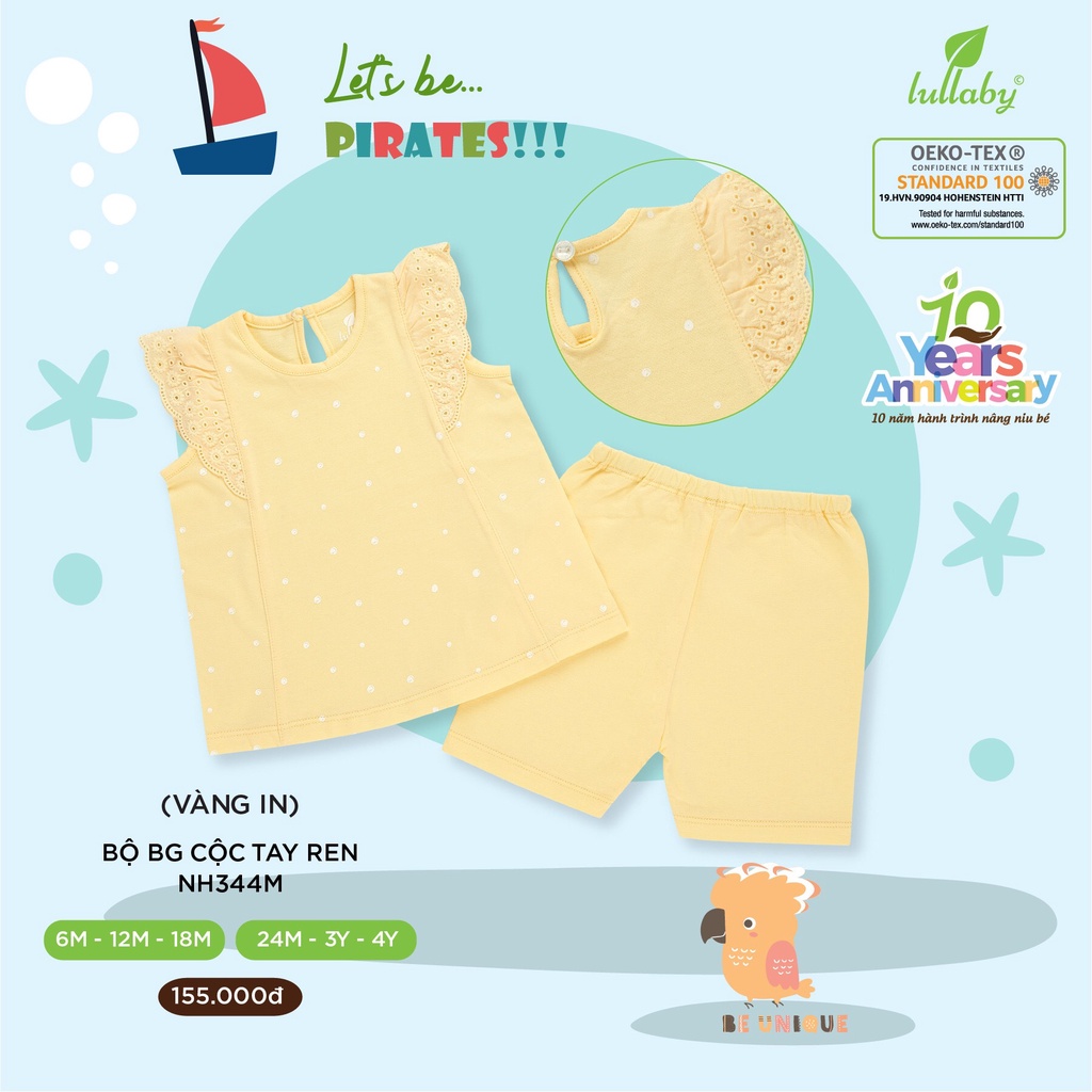 Bộ quần áo cộc tay sát nách cotton ren họa tiết bé gái Lullaby