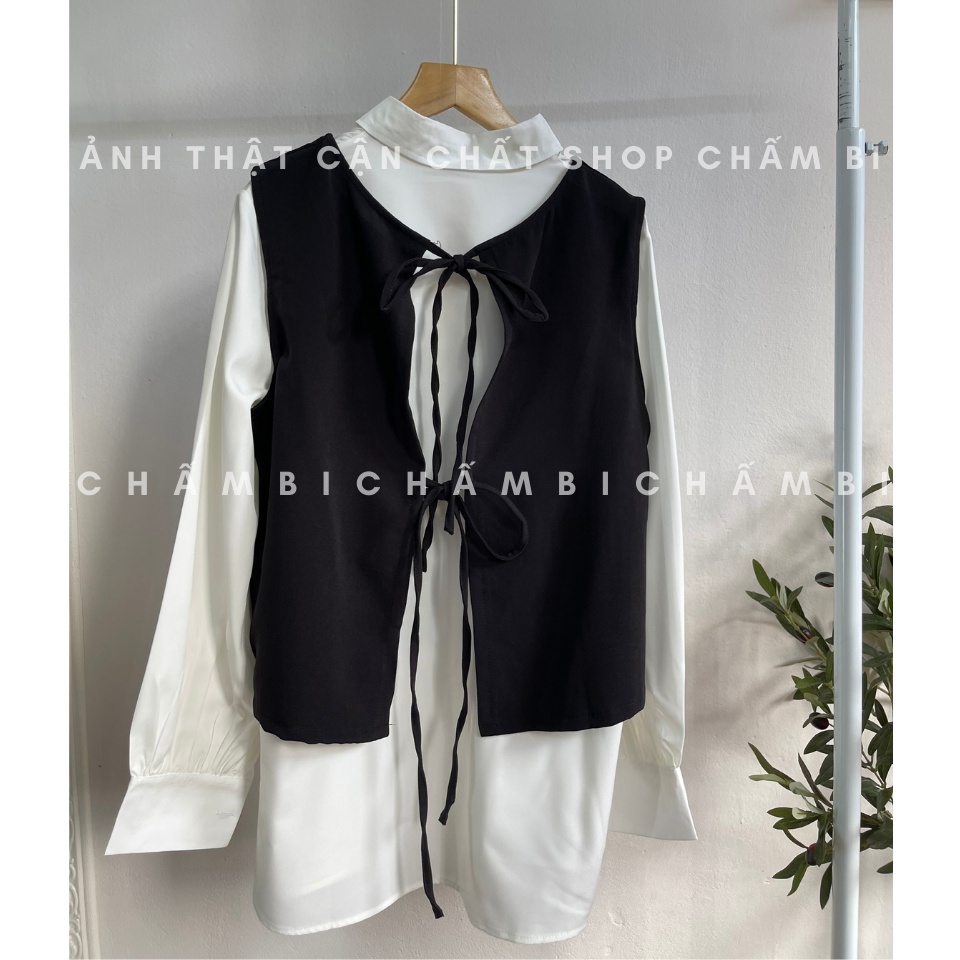 Set đồ nữ sang chảnh A.248, Áo sơ mi trắng nữ và áo gile đen cổ V thắt dây nơ lưng (mặc được hai kiểu)
