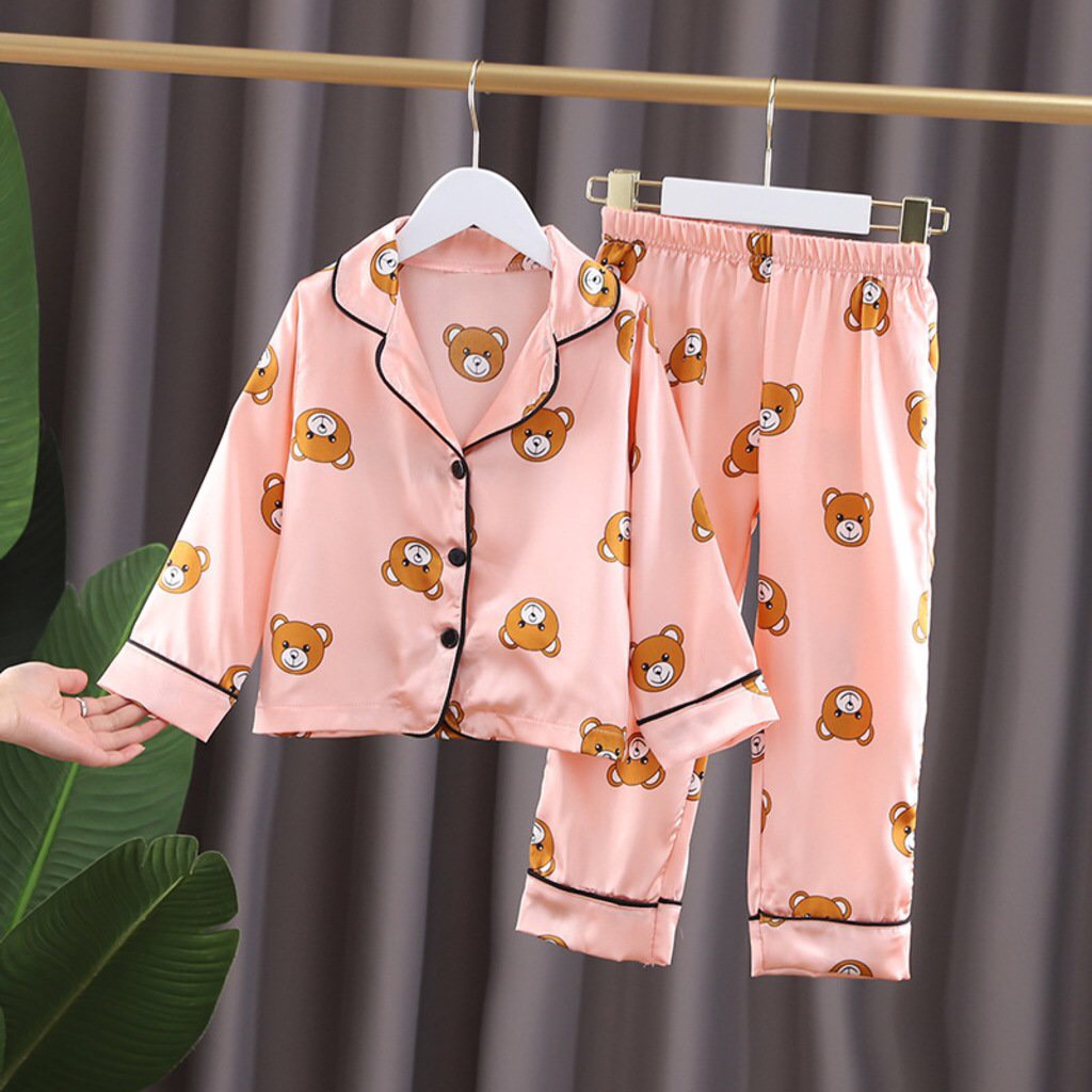 Đồ Bộ Pijama Dài Tay In Hình Gấu Cute Chất Lụa Cao Cấp Cho Bé Trai Bé Gái Mặc Đều Xinh