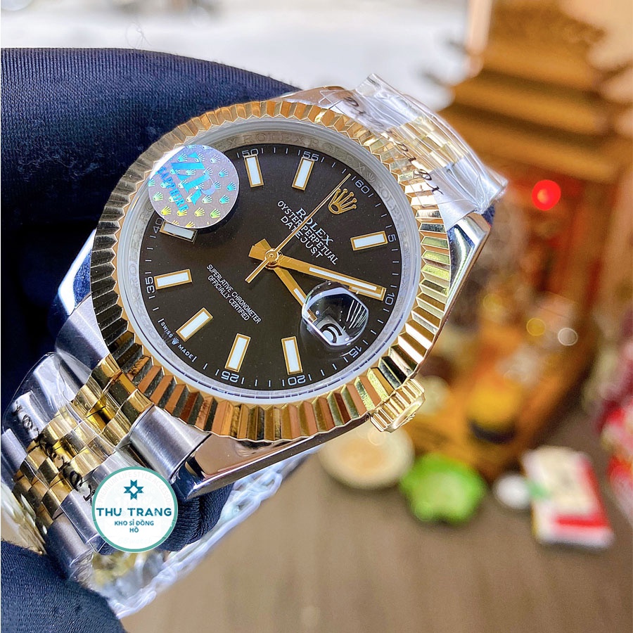 Đồng hồ Nam Rolex máy nhật, mẫu classic, mặt đen viền vàng dây kim loại, dòng cơ Automatic size 39mm-40mm | BigBuy360 - bigbuy360.vn