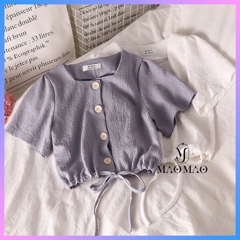Áo Cổ Vuông tay ngắn ulzzang dáng croptop phối khuy độc đáo Hàn Quốc C51 - Maoshop