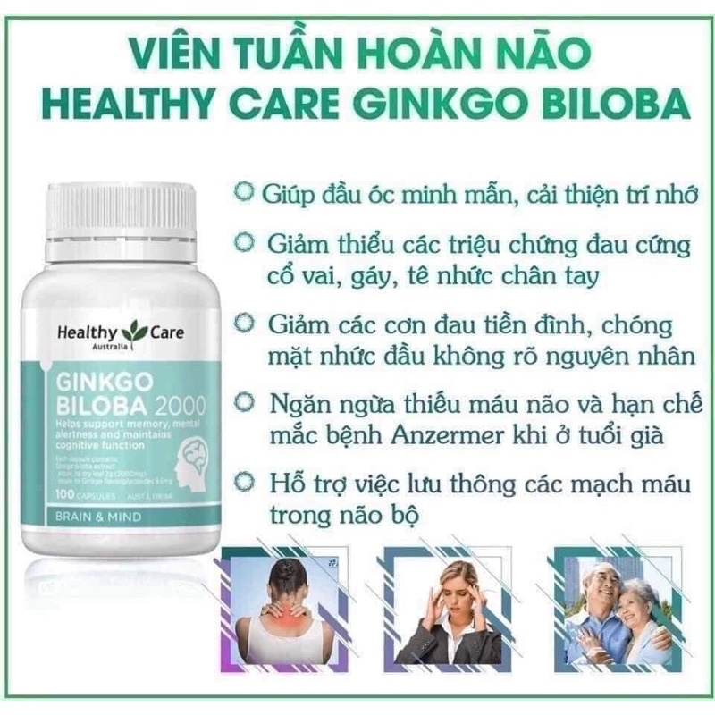 Viên bổ não Úc Ginkgo Biloba Healthy Care 100v - Mẫu mới đủ bill