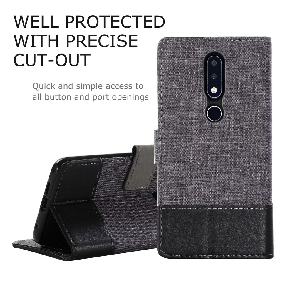 Bao da điện thoại bảo vệ toàn diện phối vải canvas tích hợp ví tiện dụng dành cho Nokia 6 2018 / 6.1 Plus / X6
