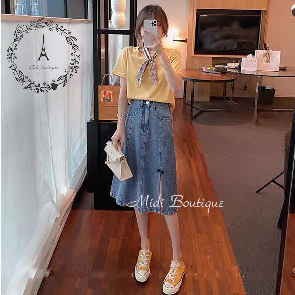Chân váy jean, chân váy xẻ jean dáng chữ A thời trang nữ Midi Boutique | BigBuy360 - bigbuy360.vn