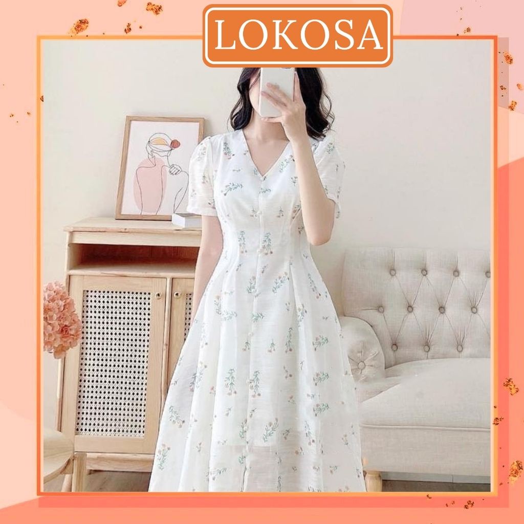 Đầm Dự Tiệc LOKOSA Váy Hoa Nhí Nữ Vải Voan Dáng Dài Thiết Kế Hàn Quốc cao cấp, đi chơi công sở VD047