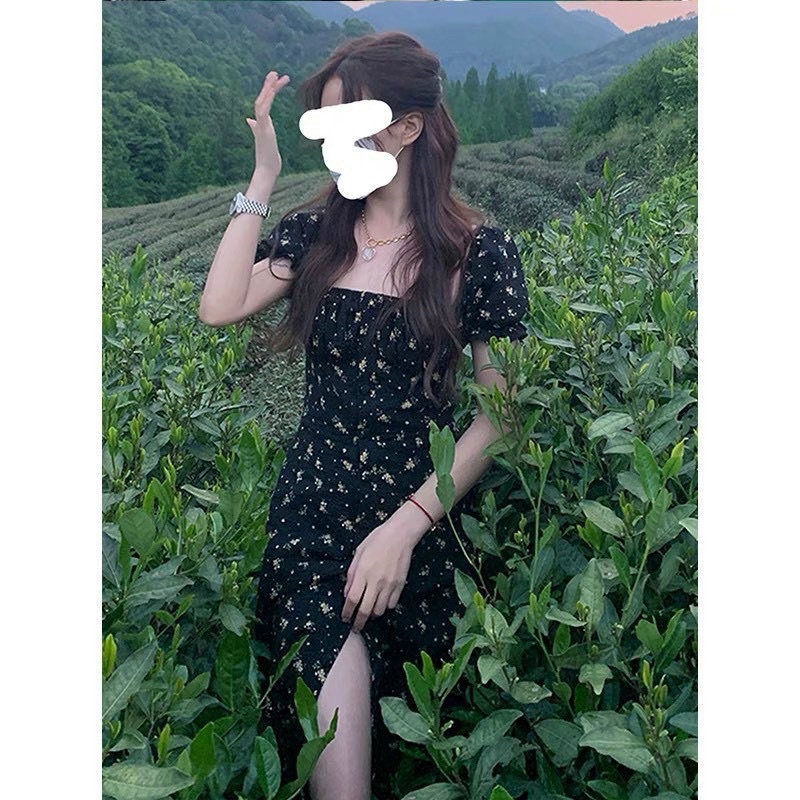 🦋Đầm MiDi Đen Hoa Cổ Vuông Xẻ Đùi🦋